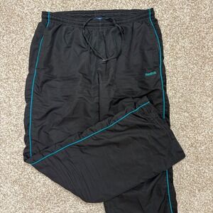 Reebok Track Pants Mens Small Black Teal Piping Mesh Lined Windbreaker Athletic
